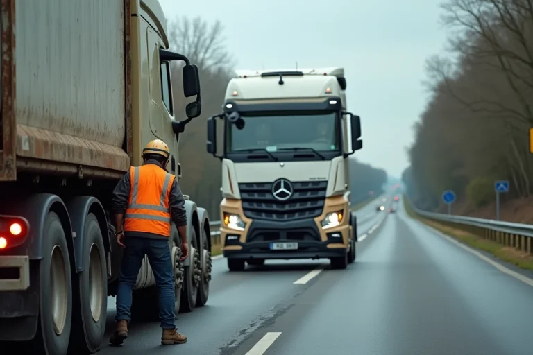 Opérateur de remorquage poids lourds attachant un câble de remorquage à un semi-remorque en panne sur une autoroute française
