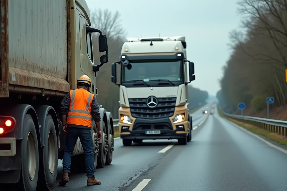 Opérateur de remorquage poids lourds attachant un câble de remorquage à un semi-remorque en panne sur une autoroute française
