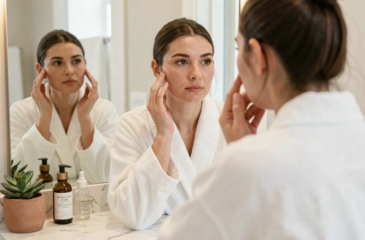 Femme appliquant un sérum visage devant son miroir de salle de bain dans une routine beauté du matin