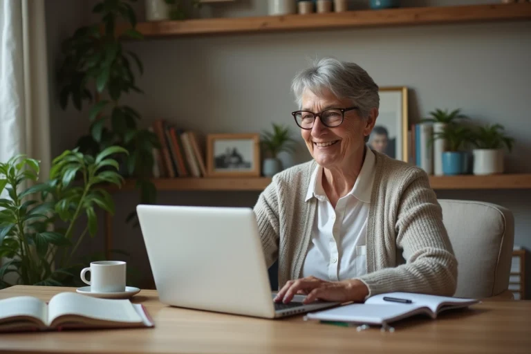 Femme senior souriante travaillant sur son ordinateur à la maison