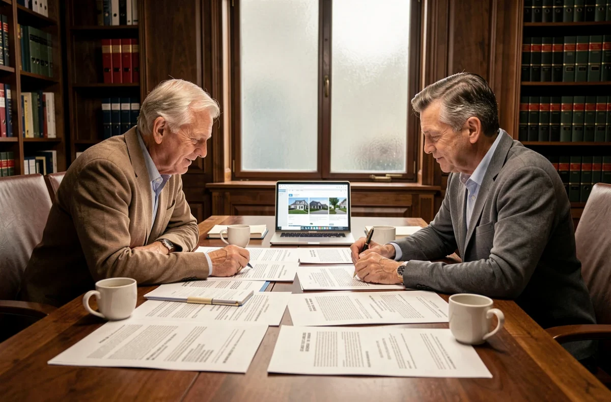 Couple signant des documents de vente immobilière aux enchères avec un notaire dans un bureau officiel
