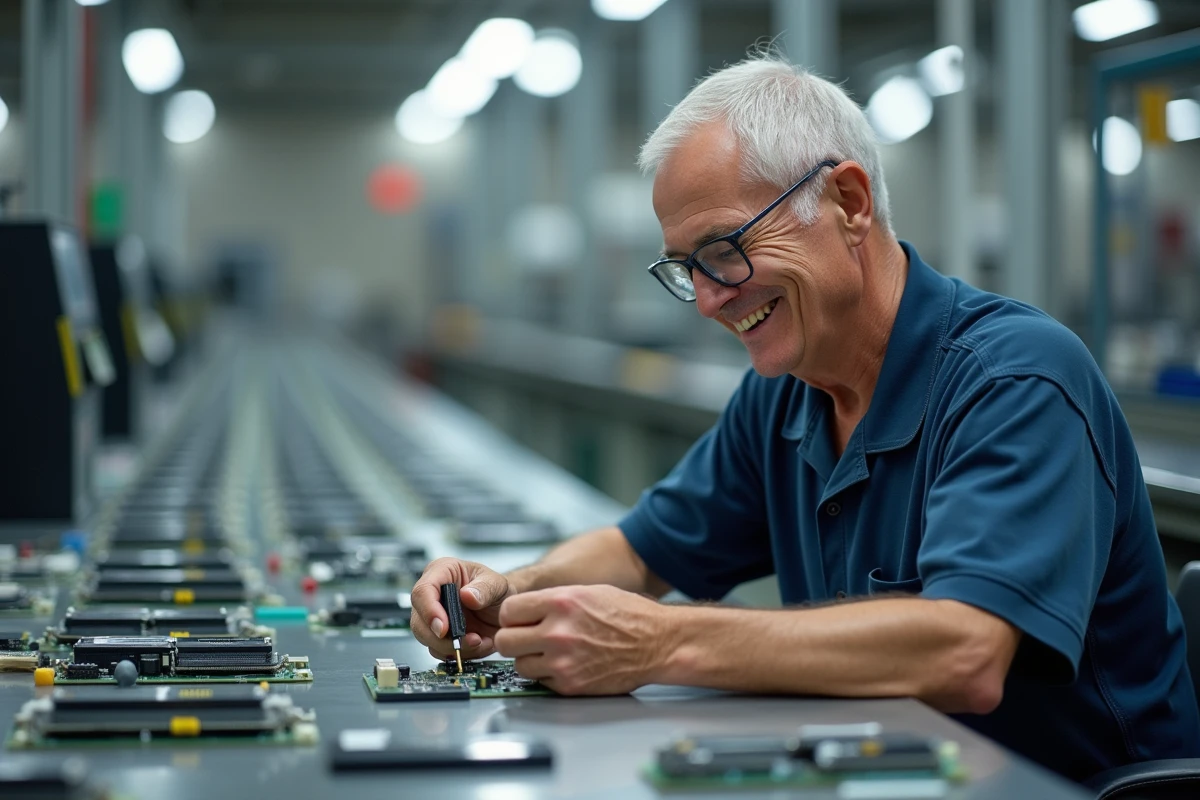 Technicien assemble un circuit de téléphone en usine