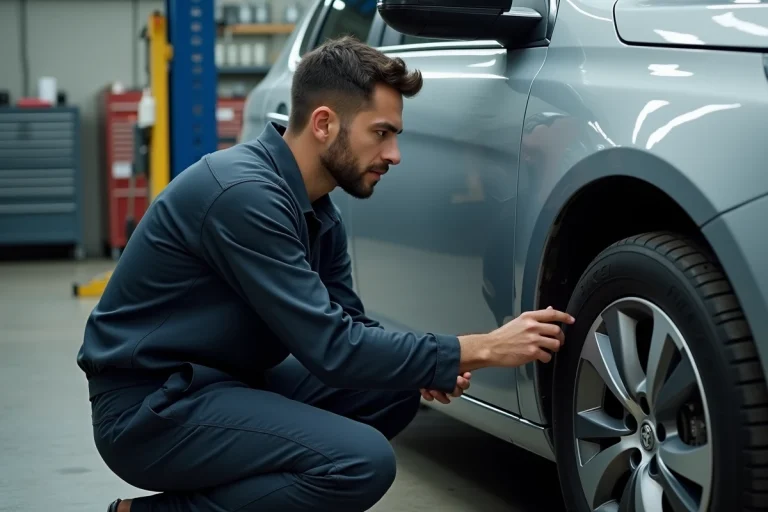 Technicien automobile diagnostiquant un problème de centralisation sur une Peugeot 308 dans un garage professionnel