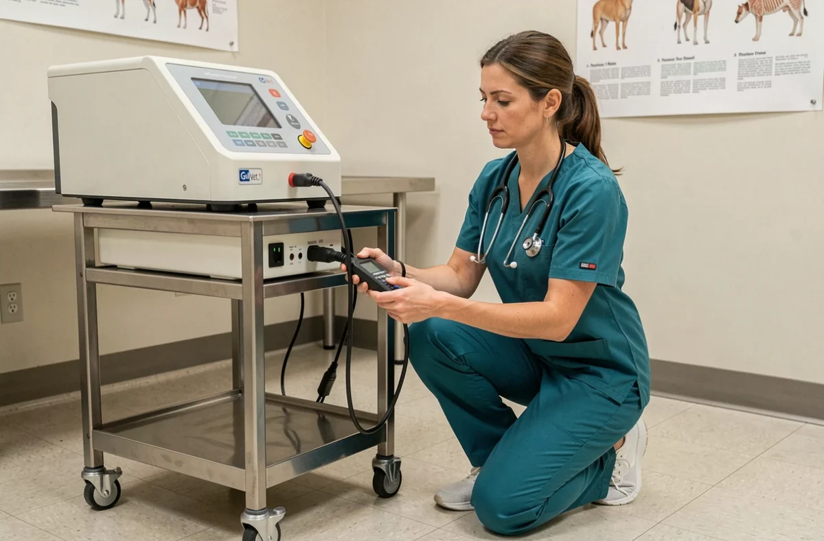 Technicienne vétérinaire branchant l'interface de diagnostic GM Vet 1 dans une salle d'examen vétérinaire