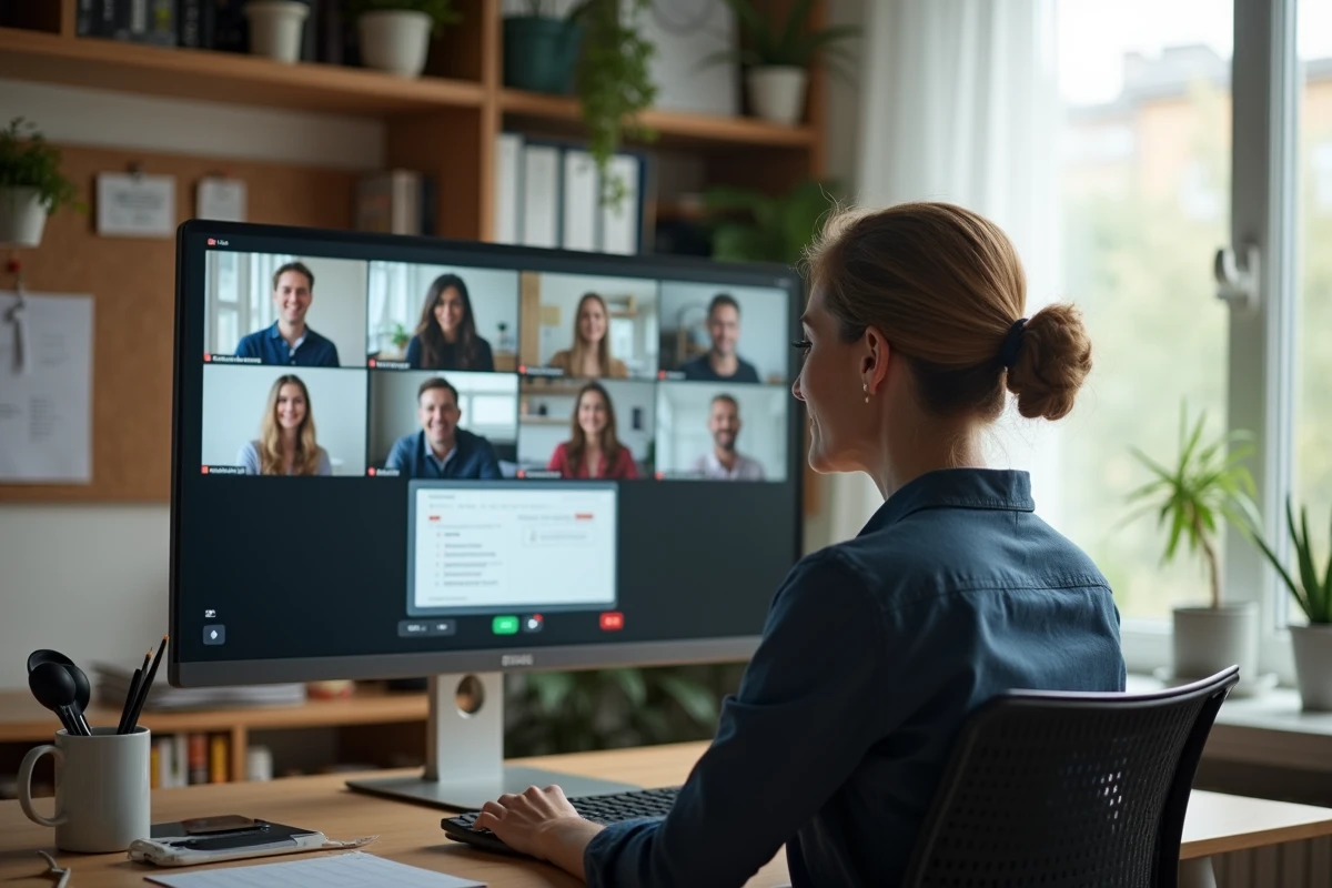 Femme en télétravail participant à une réunion vidéo sur double écran depuis son bureau à domicile