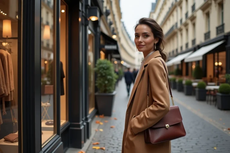 Femme élégante en manteau camel devant une vitrine de boutique de mode dans le Marais à Paris en automne