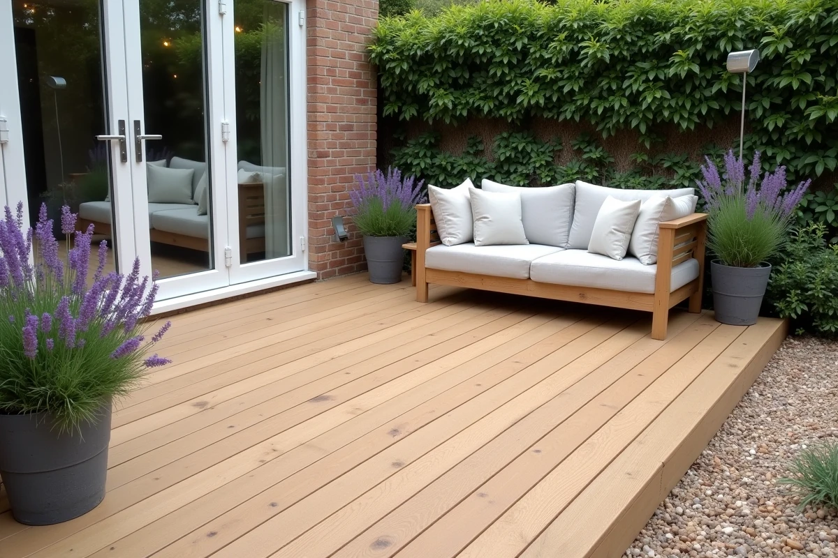 Terrasse en matériaux composites imitation bois avec mobilier de jardin épuré et faible entretien