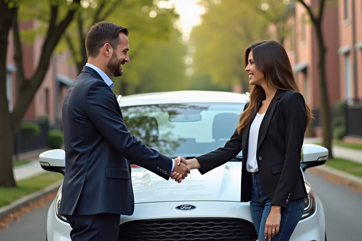 Acheteur et vendeur se serrant la main lors de la conclusion d'une vente de voiture d'occasion entre particuliers