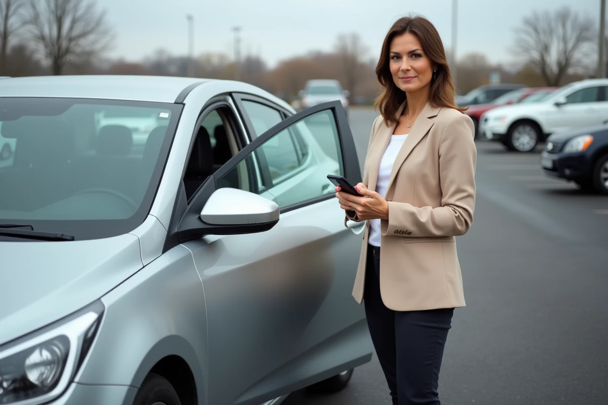 Femme vérifiant une annonce de voiture d'occasion sur son smartphone dans un parking de concessionnaire