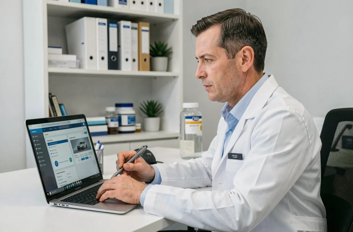 Vétérinaire utilisant le logiciel GM Vet 1 sur un ordinateur portable dans une clinique vétérinaire professionnelle