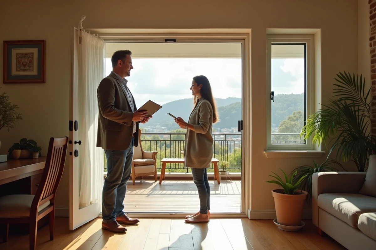 Homme accueillant une femme dans un appartement ensoleille