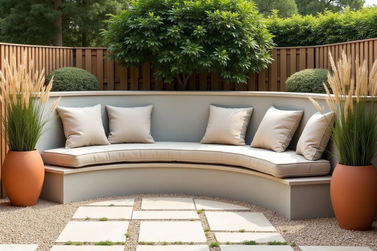 Zone de détente avec assise intégrée en maçonnerie enduite et coussins extérieurs dans un jardin aménagé